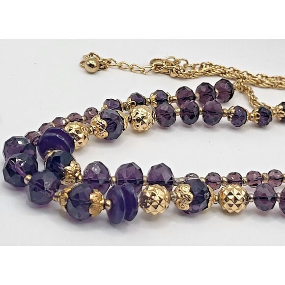 Vintage 80s Beaded Faceted Purple Stone Gold Chain Long Strand Necklace 40in - Picture 1 of 5